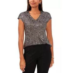 MSK Blouse Womens Black Silver Sequin V-Neck Sleeveless Top Size 1x